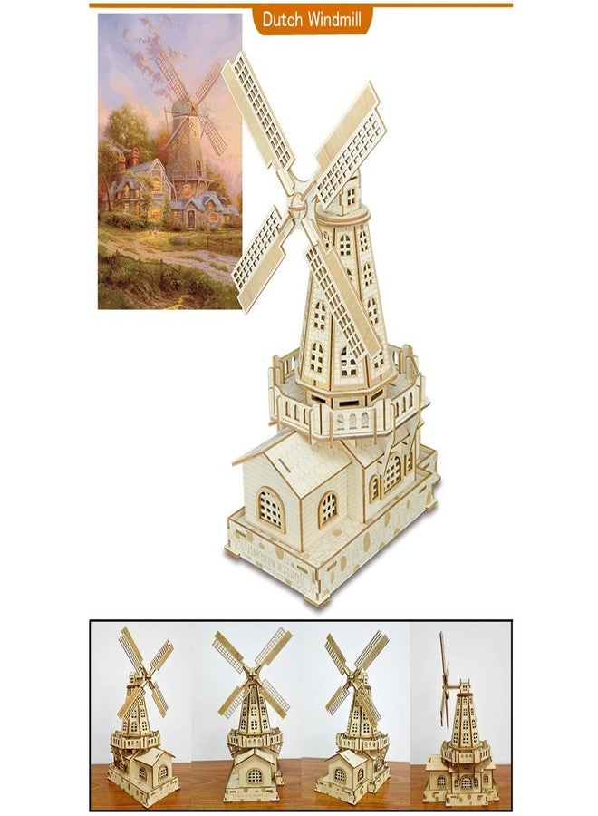 Bitopbi 3D Wooden Puzzles Laser Engraving DIY Safe Assembly Constructor Kit Toy for Teens and Adults, World Famous Buildings Mechanical 3-D Models for Self-Assembly (C2 Dutch Windmill) - Image 3